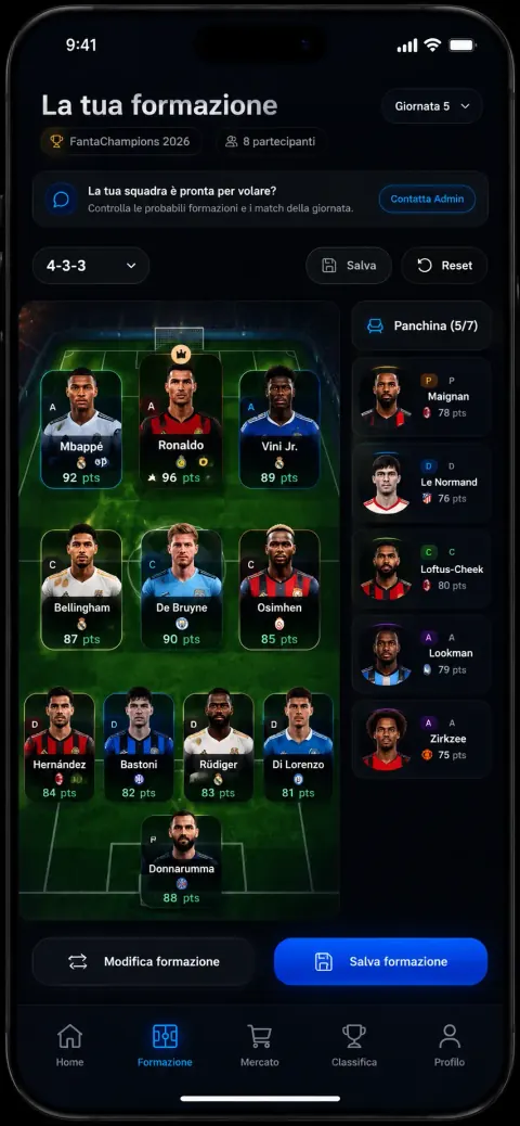 Schermata della formazione di FantaChampions con i titolari schierati in campo